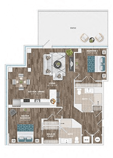 Floor plan for 2 beds, 2 baths, 1217 sqft